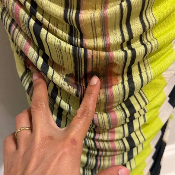 AFRM Biona Striped Ankle Length Bodycon Dress Asymmetrical Neck Ruched Mesh - Picture 9 of 10